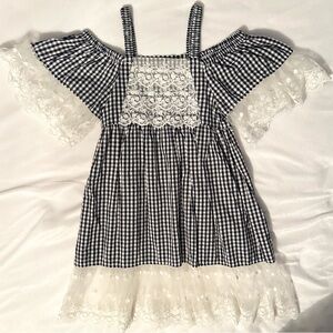 Trish Scully Dress Navy White Gingham & Lace Off Shoulder Sleeve Party Girls 7